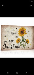 Rustic Canvas Printed Wall Art,Sunflower Sunshine Word Oil Painting Prints Framed Picture,Retro Newspaper Painted Artwork for Home Bedroom Living Room Decor,18x12in