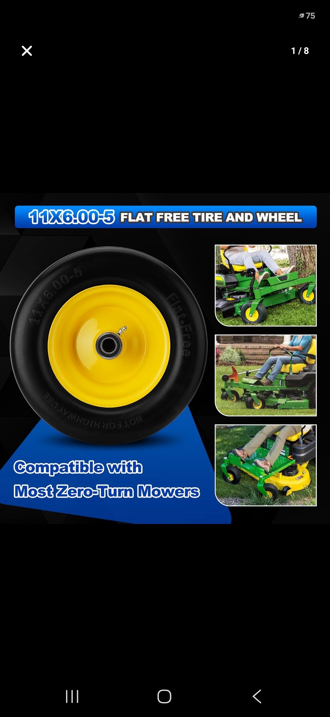 2PCS 11x6.00-5 Flat Free Tire and Wheel with 1/2" & 3/4" & 5/8" Precision Bearings and 5.8"-10.4" Centered Hub, Front Zero-Turn Smooth Tire Assembly Replacement for Riding Lawn Mowers Garden Tractor