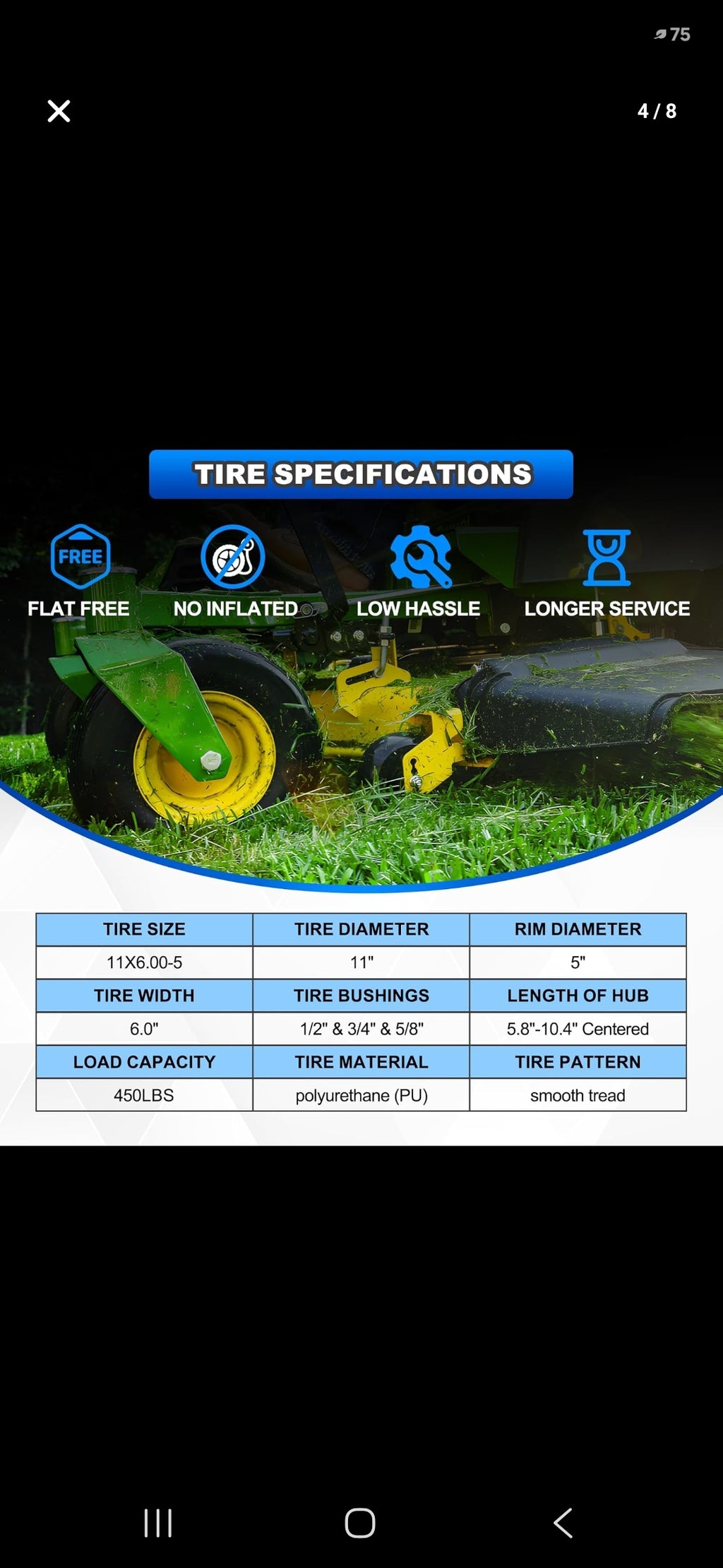2PCS 11x6.00-5 Flat Free Tire and Wheel with 1/2" & 3/4" & 5/8" Precision Bearings and 5.8"-10.4" Centered Hub, Front Zero-Turn Smooth Tire Assembly Replacement for Riding Lawn Mowers Garden Tractor