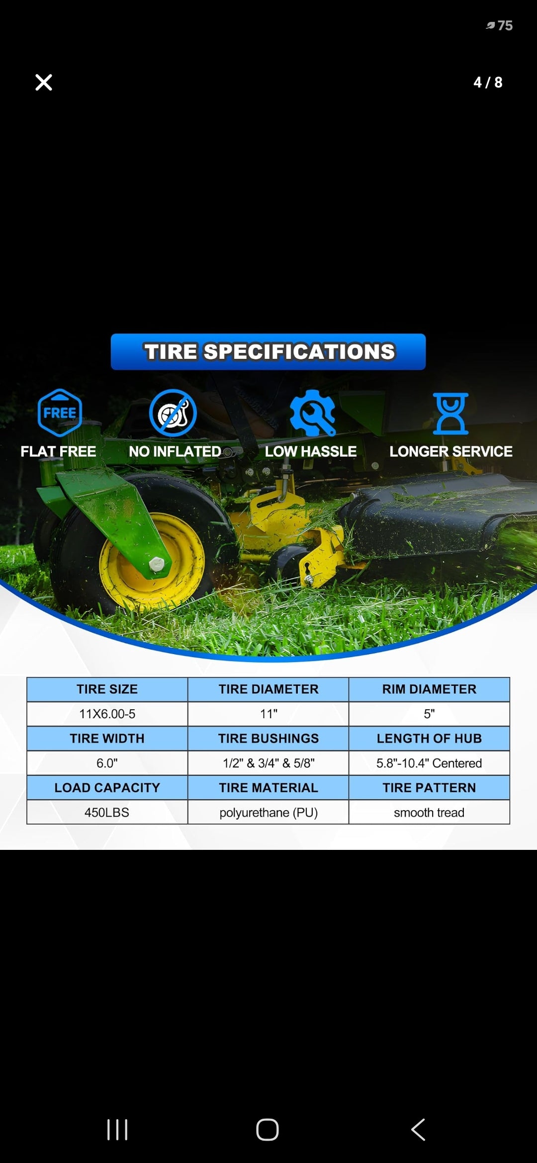2PCS 11x6.00-5 Flat Free Tire and Wheel with 1/2" & 3/4" & 5/8" Precision Bearings and 5.8"-10.4" Centered Hub, Front Zero-Turn Smooth Tire Assembly Replacement for Riding Lawn Mowers Garden Tractor