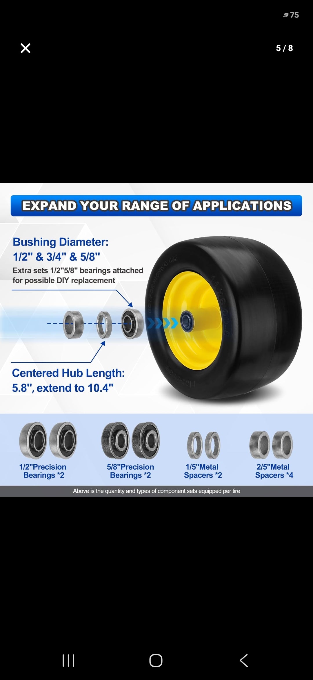 2PCS 11x6.00-5 Flat Free Tire and Wheel with 1/2" & 3/4" & 5/8" Precision Bearings and 5.8"-10.4" Centered Hub, Front Zero-Turn Smooth Tire Assembly Replacement for Riding Lawn Mowers Garden Tractor