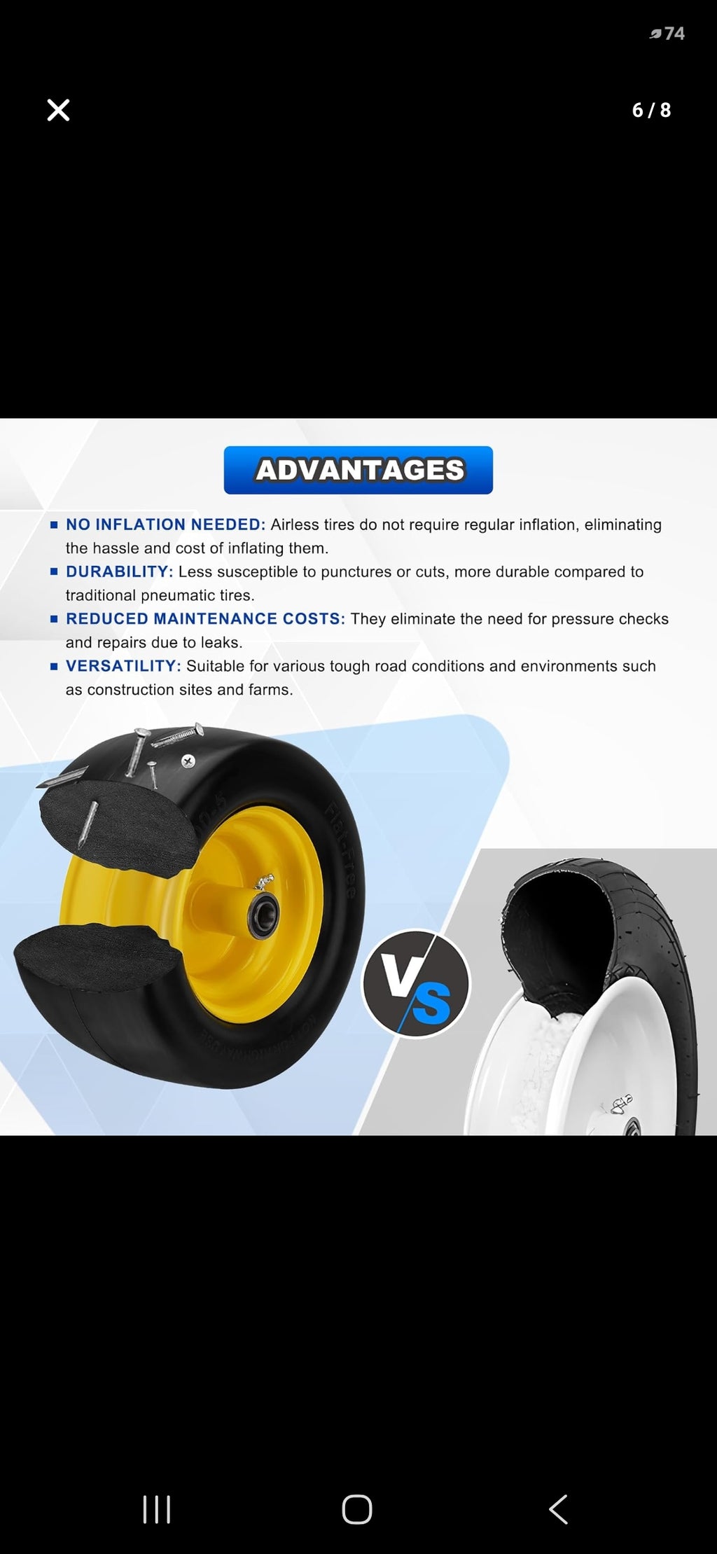 2PCS 11x6.00-5 Flat Free Tire and Wheel with 1/2" & 3/4" & 5/8" Precision Bearings and 5.8"-10.4" Centered Hub, Front Zero-Turn Smooth Tire Assembly Replacement for Riding Lawn Mowers Garden Tractor