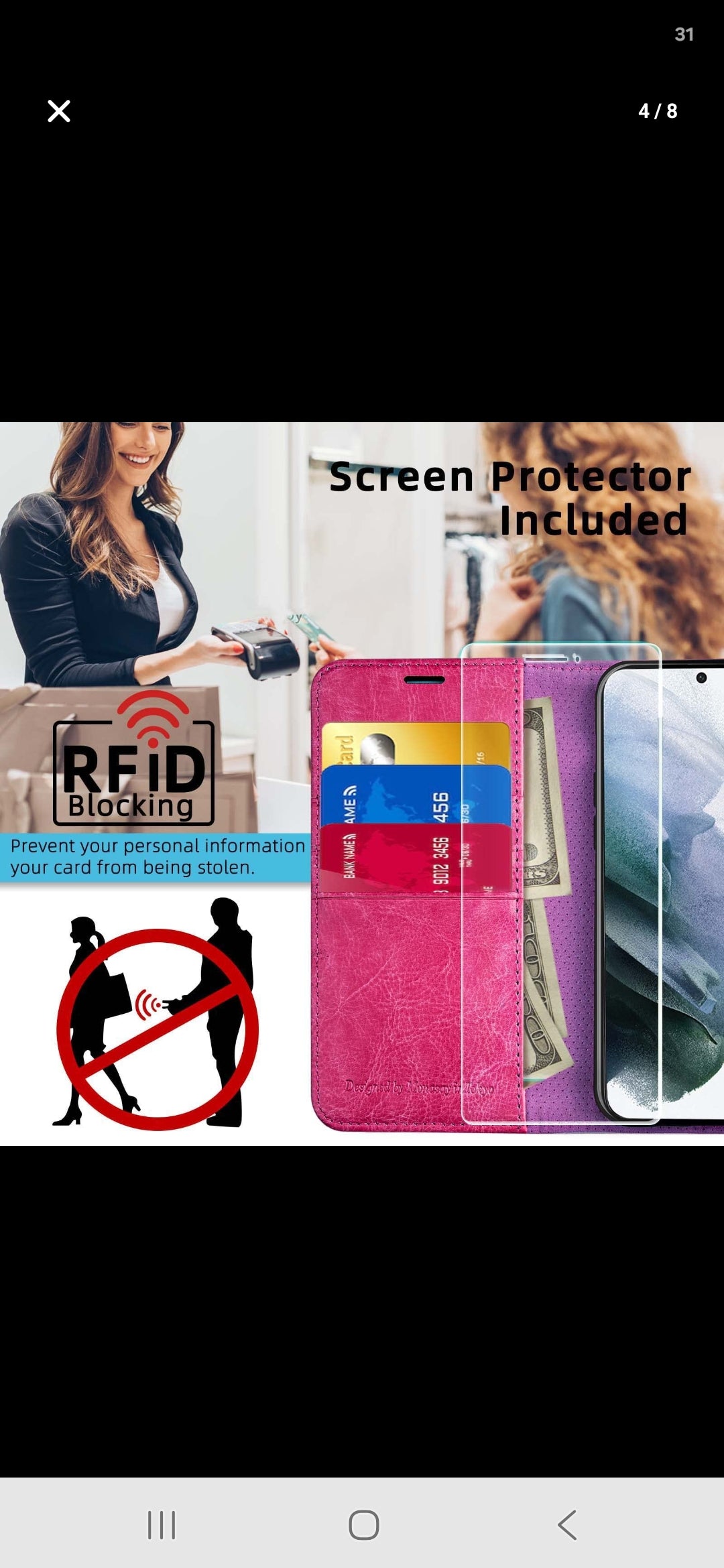 MONASAY Wallet Case Compatible for iPhone 15 5G,[Glass Screen Protector Included] [RFID Blocking] Flip Folio Leather Cell Phone Cover with Credit Card Holder, 6.1-inch, Hot-Pink